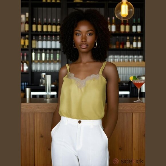 Express Women's Size M Y2K Bright Yellow 100% Silk Lace Trimmed Camisole Tank - Picture 1 of 9